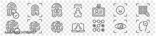 Biometric, Fingerprint, Face id, Face recognition, Identity, Eye, Motion sensor, Smart home, Lock editable stroke line icon collection Vector