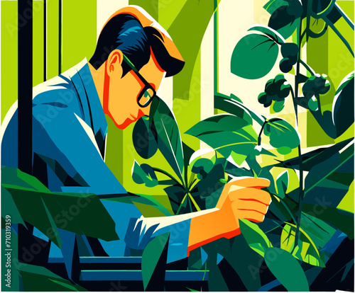 Scientist examining a plant vektor icon illustation