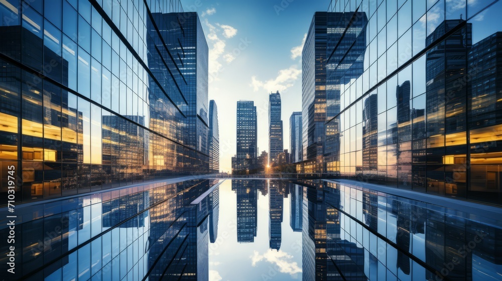 Reflective skyscrapers, business office buildings with mirrored glass walls and illuminated lights against a blue sky background. Big city, business, architecture and building concepts.
