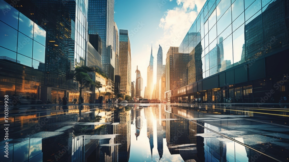 Reflective skyscrapers, business office buildings with mirrored glass walls and illuminated lights against a background of blue sky and sunset. Big city, business, architecture and building concepts. Reflective skyscrapers, business office buildings with mirrored glass walls and illuminated lights against a background of blue sky and sunset. Big city, business, architecture and building concepts.