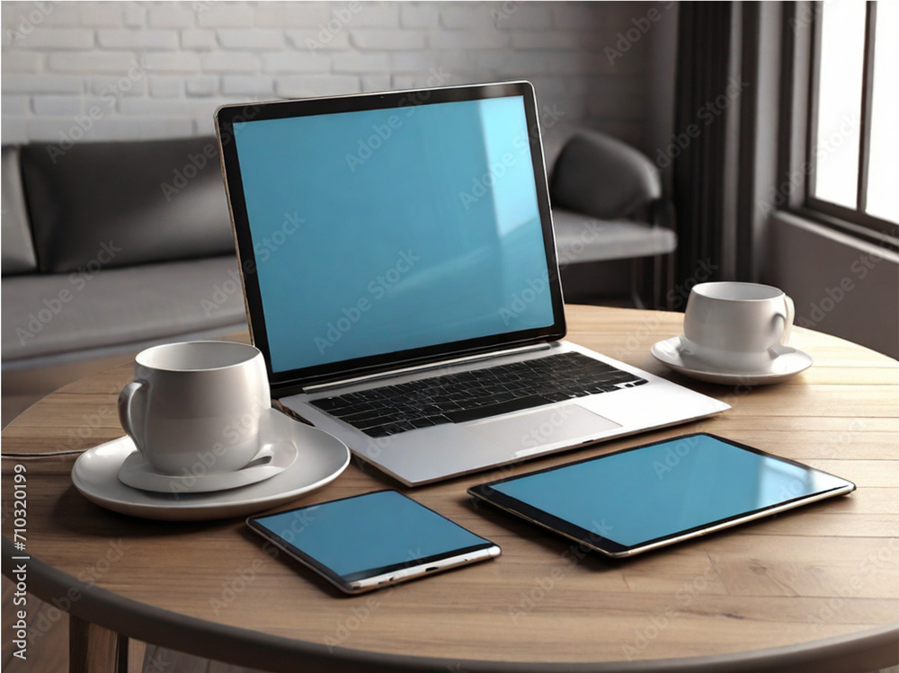 Laptop smartphone and tablet pc on the table 3d rendering Laptop smartphone and tablet pc on the table 3d rendering
