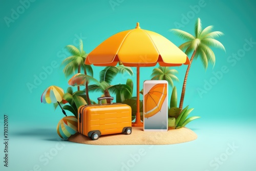 Summer travel concept. Tropical island with suitcase and umbrella.