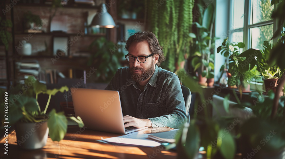 Creative entrepreneur sitting in his office wokring on a project on his laptop. Small business owner working independently. Creative entrepreneur sitting in his office wokring on a project on his laptop. Small business owner working independently.