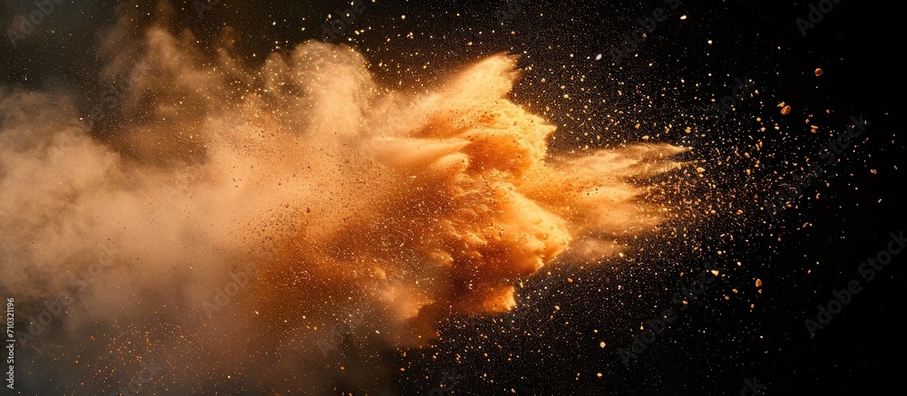 Fire particles impacting dust and debris, set against a black backdrop, create a swirling burst of powdery spray. - obrazy, fototapety, plakaty 