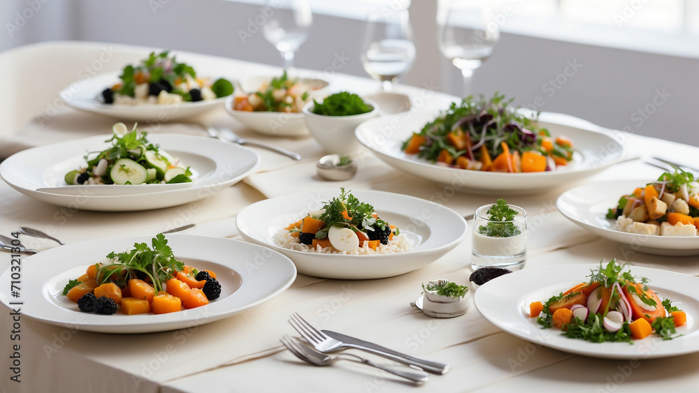 a selection of freshly prepared vegetarian dishes on a clean, white wooden table in a chic restaurant environment a selection of freshly prepared vegetarian dishes on a clean, white wooden table in a chic restaurant environment