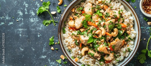 Thai-inspired overhead view of a dish with chicken, cashews, rice, and herbs. photo