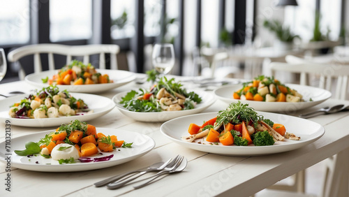 a selection of freshly prepared vegetarian dishes on a clean, white wooden table in a chic restaurant environment photo