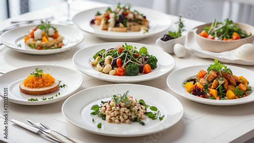 a selection of freshly prepared vegetarian dishes on a clean  white wooden table in a chic restaurant environment