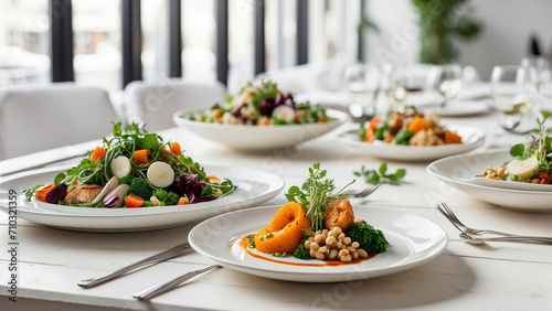 a selection of freshly prepared vegetarian dishes on a clean, white wooden table in a chic restaurant environment