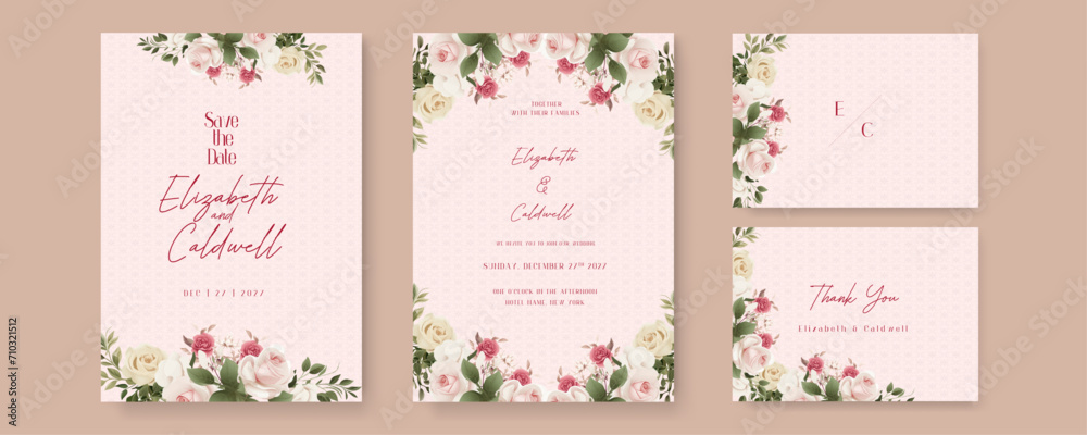 Pink and white rose floral wedding invitation card template set with flowers frame decoration