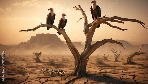 Vultures Hawks Eagles Desert Savannah Death Dry Tree Dead Skull Bones Land 