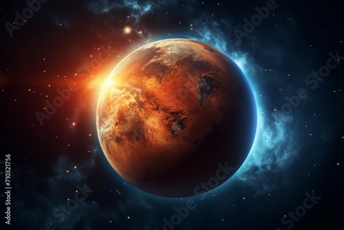 a red planet with a bright star in the background and a blue sky with stars around it, with a bright light shining on the planet. the planet Mars World Wildlife Day . 