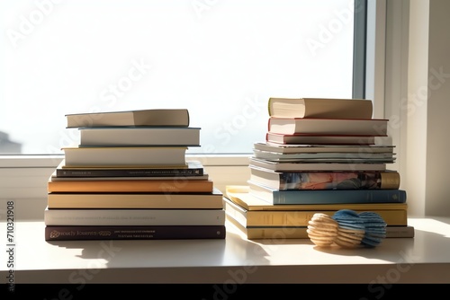 A book pile close up on a study desk. Front view pile book. Stack of colorful books on study table