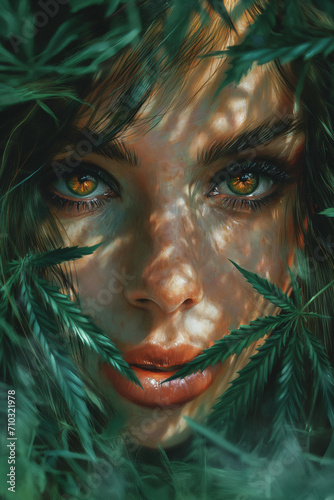 Young Pretty Girl's Face amidst Marijuana Plant Leaves © artefacti