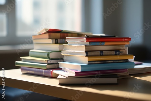 A book pile close up on a study desk. Front view pile book. Stack of colorful books on study table