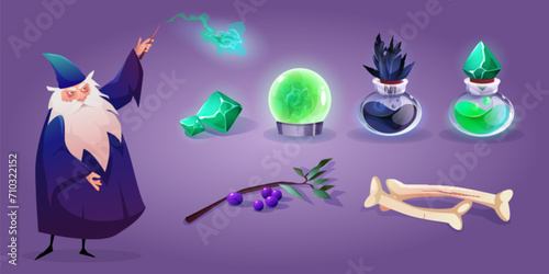 Old wizard and set of magic assets isolated on background. Vector cartoon illustration of magician character with long beard, wand in hand, gemstone, crystal ball, elixir bottle, olive branch, bones