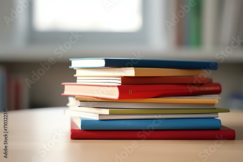 A book pile close up on a study desk. Front view pile book. Stack of colorful books on study table © KaitoDesign