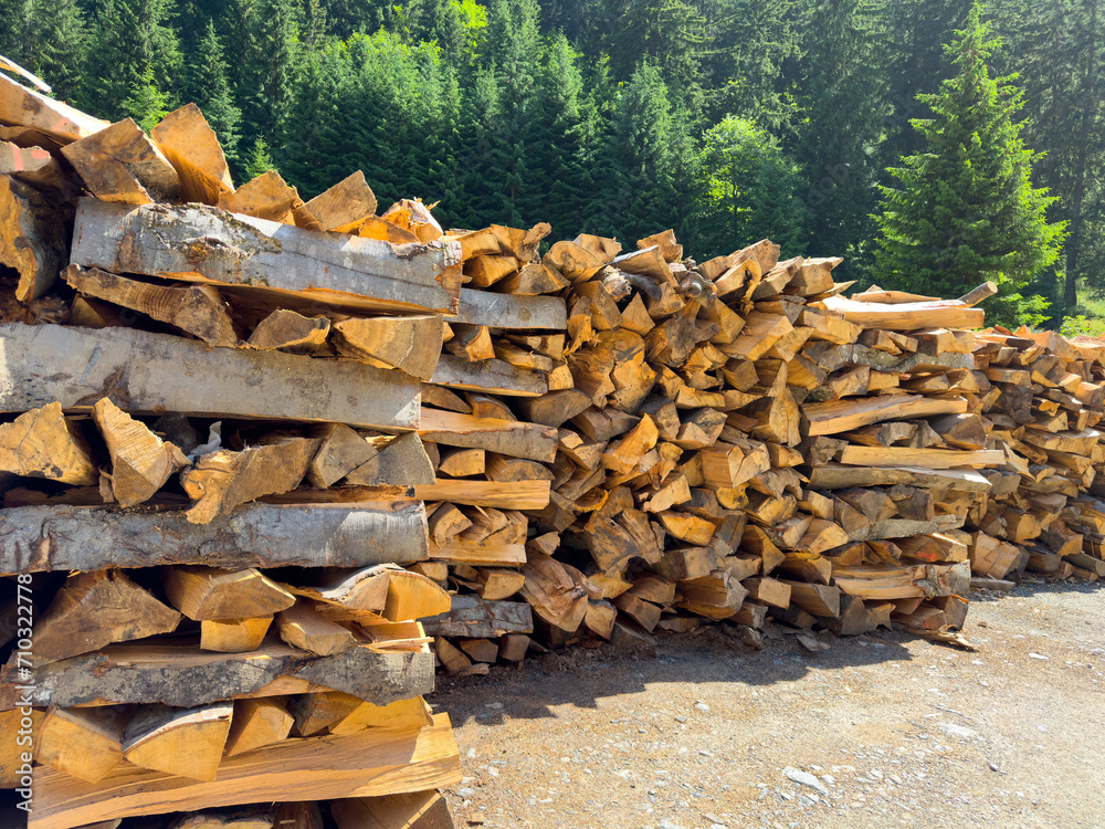 Chopped and split firewood neatly stacked in the forest Chopped and split firewood neatly stacked in the forest