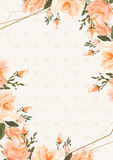 Peach and white watercolor hand painted background template for Invitation with flora and flower