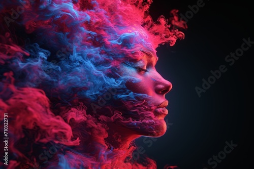 A woman with red and blue smoke on her face in a highly detailed vfx portrait.