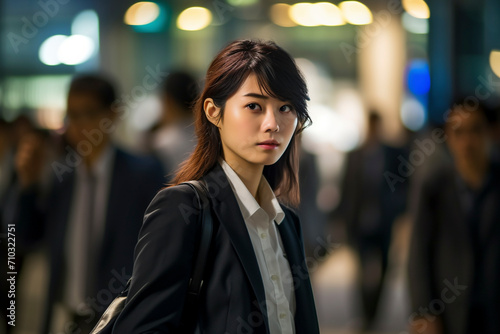 日没に屋外を歩いて帰宅する日本人のビジネスパーソンの女性「AI生成画像」 photo