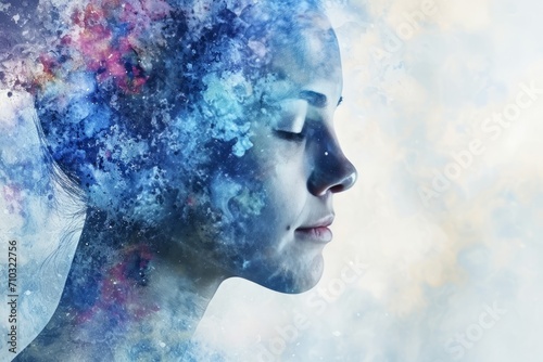 A person with a dreaming face, as if their face is made out of clouds, against a sky background in a double exposure portrait.