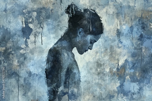 A digital mixed media painting of a woman standing in the rain in an expressive digital painting. photo