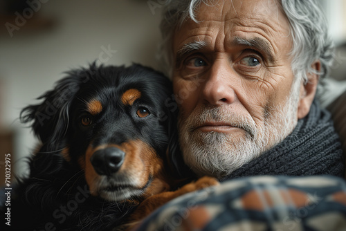 Sad lonely senior man hugging dog together while sitting indoors at home. Psychological support, mental health, friendship with a pet