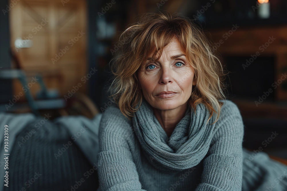 Lonely middle-aged woman sitting alone on the sofa in living room and looking at camera. Loneliness of senior people, melancholy, depression - obrazy, fototapety, plakaty 