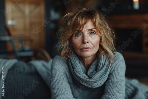 Lonely middle-aged woman sitting alone on the sofa in living room and looking at camera. Loneliness of senior people, melancholy, depression photo