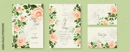 Beige rose luxury wedding invitation with golden line art flower and botanical leaves, shapes, watercolor
