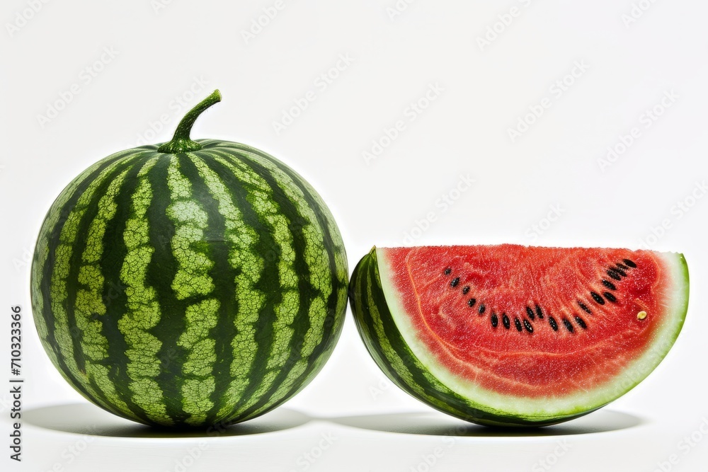 A watermelon and a half of a watermelon, suggesting gestation inside a watermelon, are seen in a professional fruit photography.