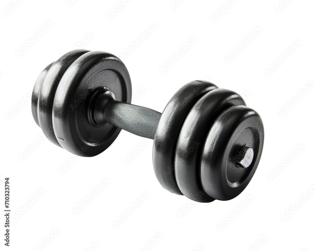 Dumbbell with adjustable plates on a transparent background, symbolising strength training. Dumbbell with adjustable plates on a transparent background, symbolising strength training.
