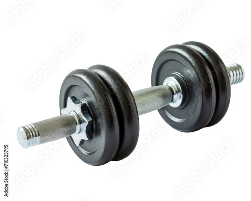 Dumbbell with adjustable plates on a transparent background, symbolising strength training.