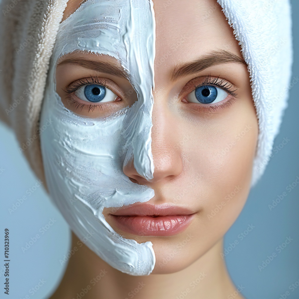 Before and after facial treatment. face mask on half of lady face