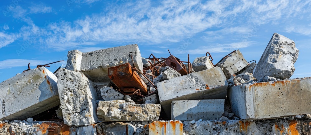 Debris from construction - blocks of reinforced concrete and rusty armature against a blue sky. Debris from construction - blocks of reinforced concrete and rusty armature against a blue sky.