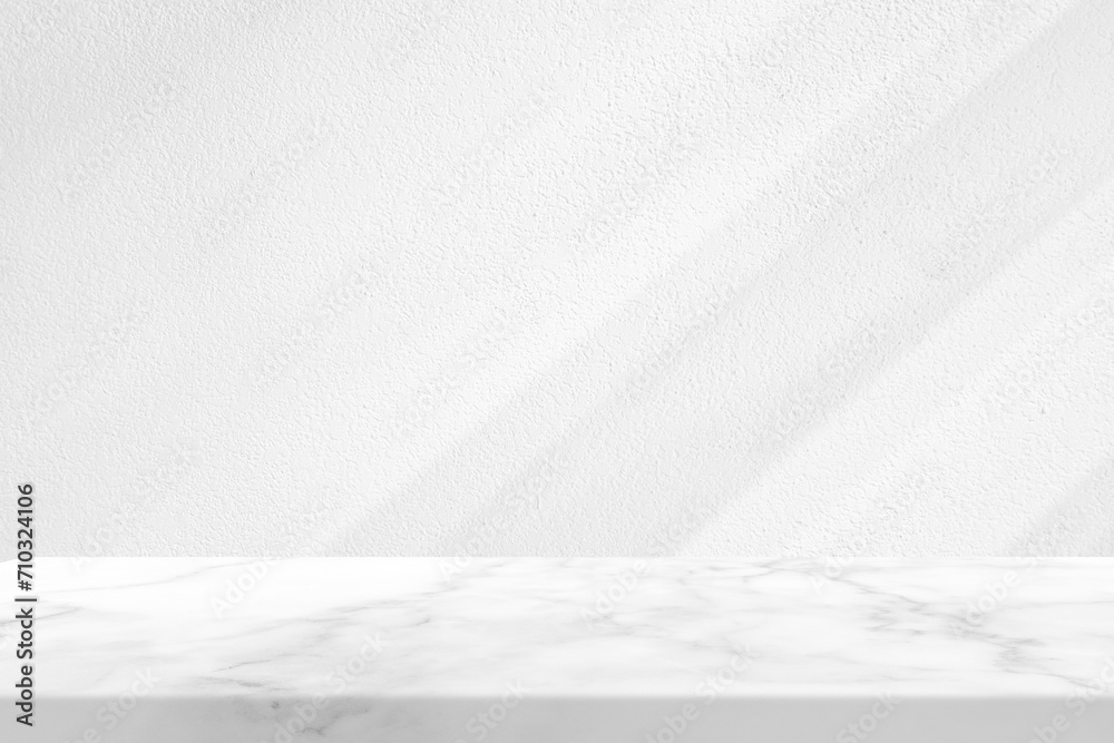 Marble Table with White Stucco Wall Texture Background with Light Beam and Shadow from Louver Glass Window, Suitable for Product Presentation Backdrop, Display, and Mock up. Marble Table with White Stucco Wall Texture Background with Light Beam and Shadow from Louver Glass Window, Suitable for Product Presentation Backdrop, Display, and Mock up.