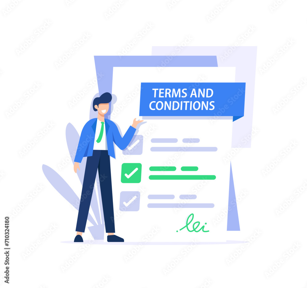 Contract,electronic contract or agreement online,Character gets acquainted with the legal document,Person reads and signs the terms of the contract