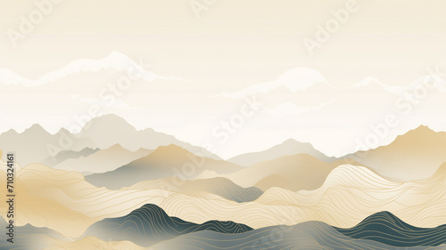 Vector line japanese art, mountains background, landscape dessert texture