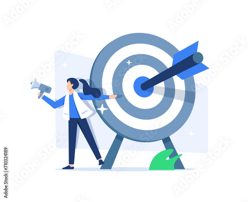 Target marketing concept,Successful business or consumer targeting. PR manager woman attracting customers with megaphone,Focus group. Goal achievement
