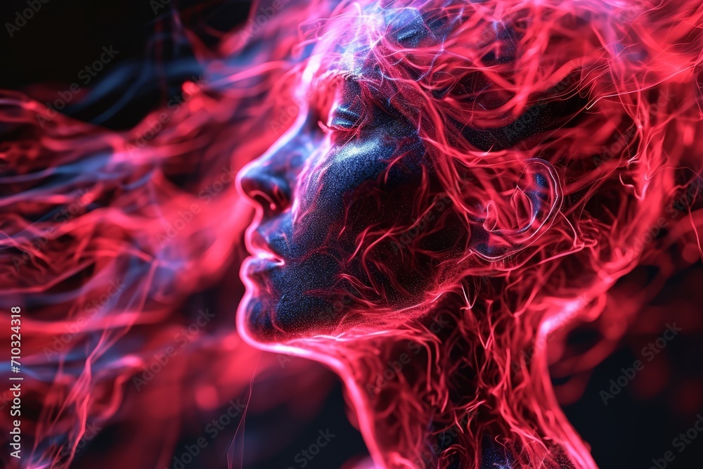 A person with saturated colors of red and blue hair is seen. A person with saturated colors of red and blue hair is seen.