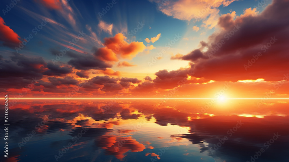 nature background with beautiful dramatic sunset sky and reflection on the sea