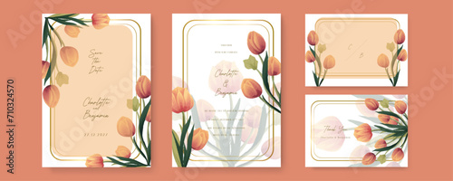 Orange tulip set of wedding invitation template with shapes and flower floral border