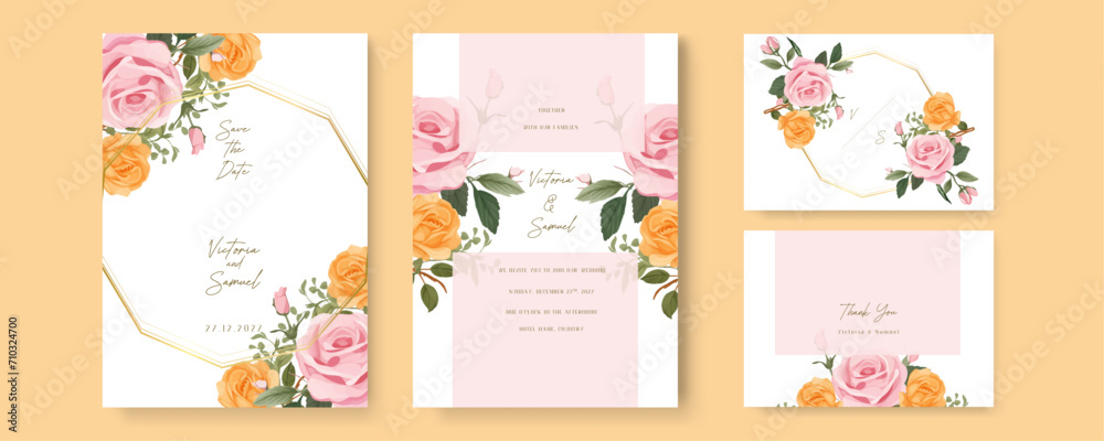 Pink and orange rose vector elegant watercolor wedding invitation floral design