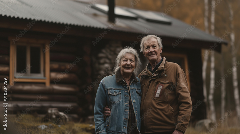 Senior couple standing outside log cabin in countryside