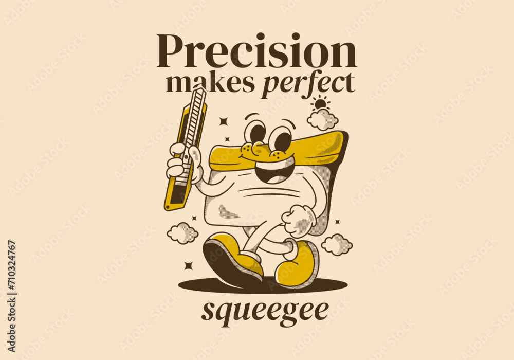 Fototapeta premium Precision makes perfect. Squeegee mascot character holding a blade, vintage style
