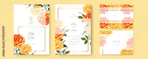 Orange and yellow rose vector wedding invitation card set template with flowers and leaves watercolor