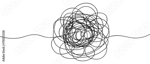 A ball of tangled scribble. A circular object made of swirls with a beginning and an end. Sketch.