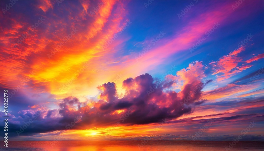 Colorful sunset over the water. The sky with bright shades of clouds.