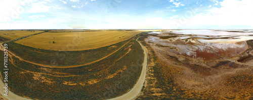 Aerial view of Lake Tyrrell, is a shallow, salt-crusted depression in the Mallee district of north-west Victoria, Australia, image in panorama. photo